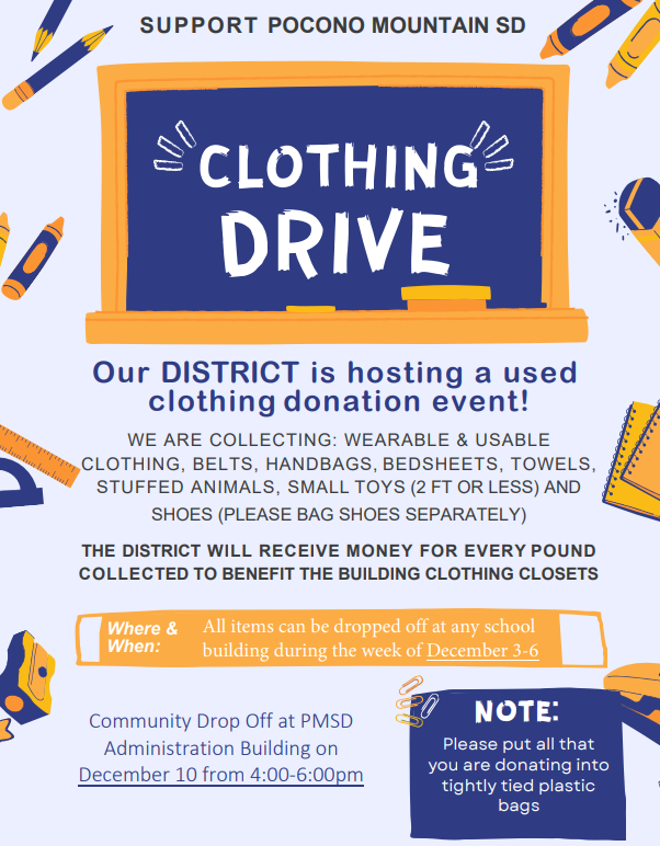 PMSD Clothing Drive - Community Drop Off April 29, 4-6 PM, Admin Bldg